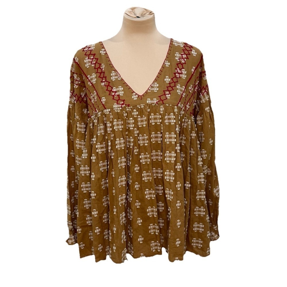 Oh My Stars Ellie‎ Mae Boho Embroidered Peasant Top M Rust Earthy Brown Western